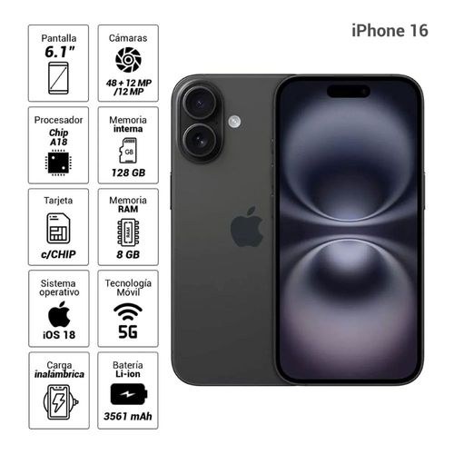 Celular Apple iPhone 16 MYE73BE/A 128GB Black